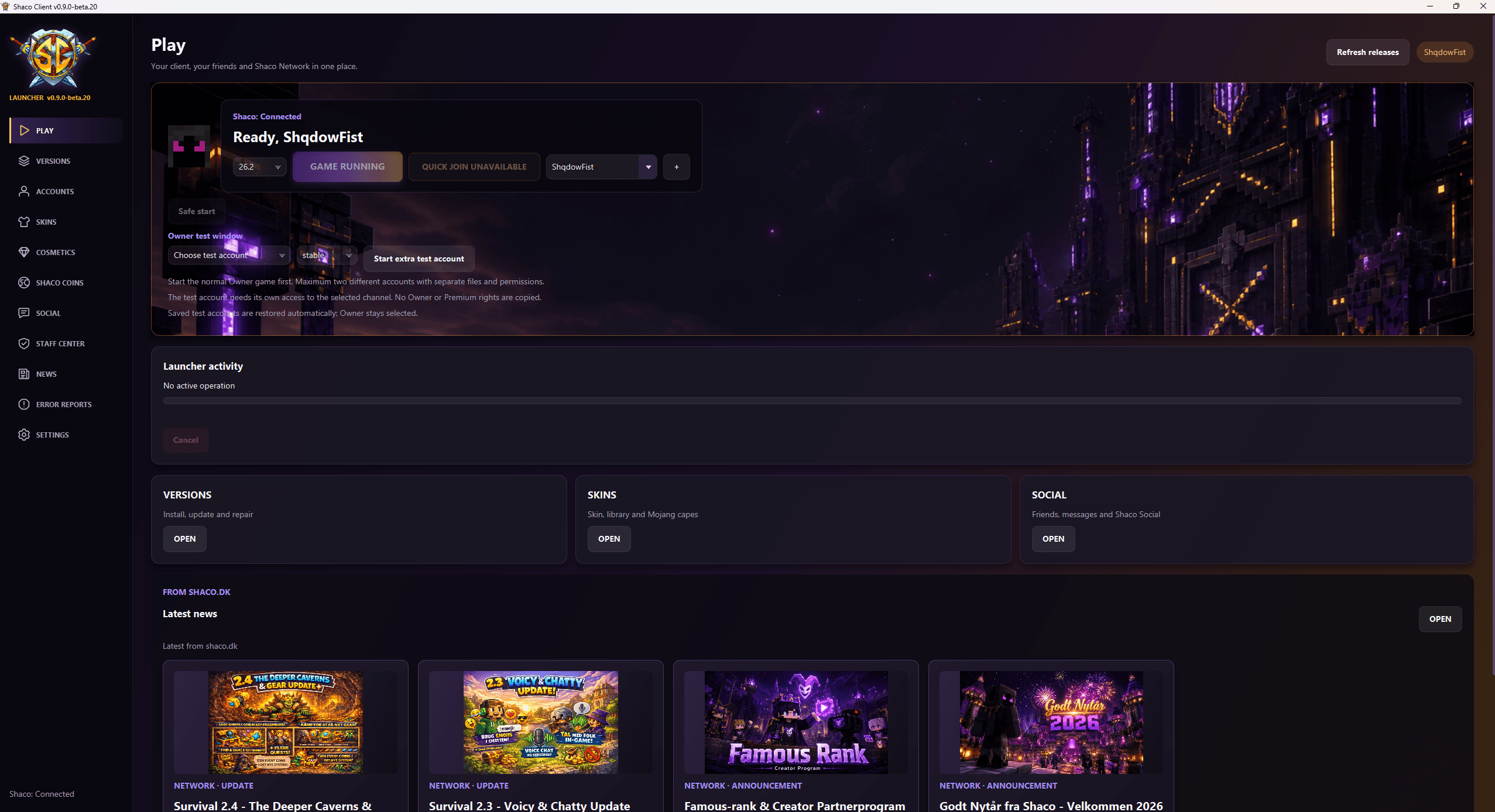 Den nye Shaco Launcher med Play, nyheder og hurtig adgang til Client-funktioner